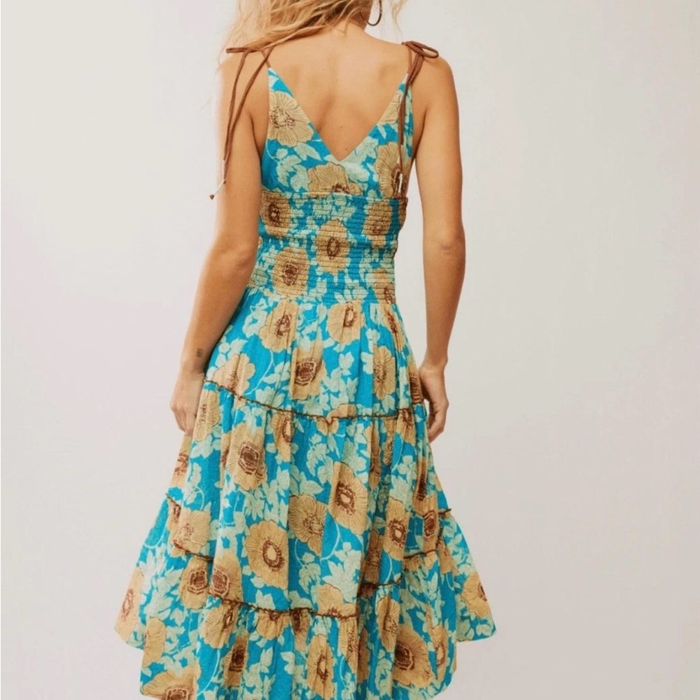 New Free People Adriel Tiered Dress Size Small Tie Straps Blue Ocean NWT - Picture 2 of 5
